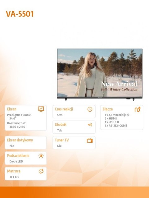 Monitor wielkoformatowy VA-5501 CZARNY 350cd/m2 1200:1 16/7 UHD Monitor wielkoformatowy VA-5501 CZARNY 350cd/m2 1200:1 16/7 UHD