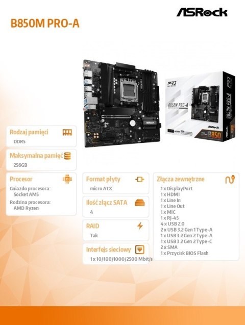 Płyta główna B850M PRO-A AM5 4DDR5 M.2 HDMI/DP mATX Płyta główna B850M PRO-A AM5 4DDR5 M.2 HDMI/DP mATX