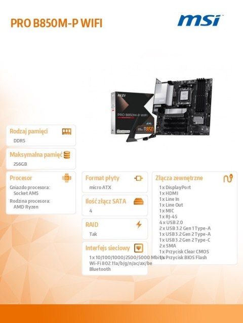 Płyta główna PRO B850M-P WIFI AM5 4DDR5 ATX Płyta główna PRO B850M-P WIFI AM5 4DDR5 ATX