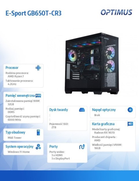 Komputer E-Sport GB650T-CR9 Ryzen 7 7800X3D/32GB/1TB/RX 9070 OC 16GB/W11H