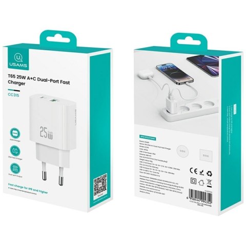 Ładowarka sieciowa 25W 1xUSB-A 1xUSB-A fast charging Biała
