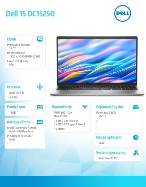 Laptop Dell 15 DC15250 W11P i5-1334U/16GB/512GB SSD/UHD/FgrPr/WLAN + BT/15.6 FHD/Backlit Kb/3 Cell/65W/3YPS Platinum Silver (Alu