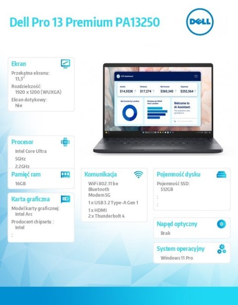 Laptop Dell Pro 13 Premium PA13250 W11P U7-266V/16GB/512GB SSD/13.3 FHD+/Arc/FgrPr/Cams&Mic/5G WWAN+BT/BcklKb/3C/vPro/3YPS Magne