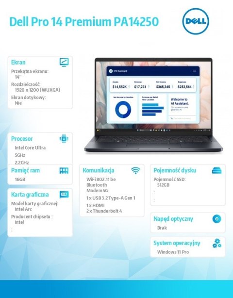 Laptop Dell Pro 14 Premium PA14250 W11P U7-266V/16GB/512GB SSD/14.0 FHD+/Arc/FgrPr/Cams&Mic/5G WWAN+BT/BcklKb/3C/vPro/3YPS Magne