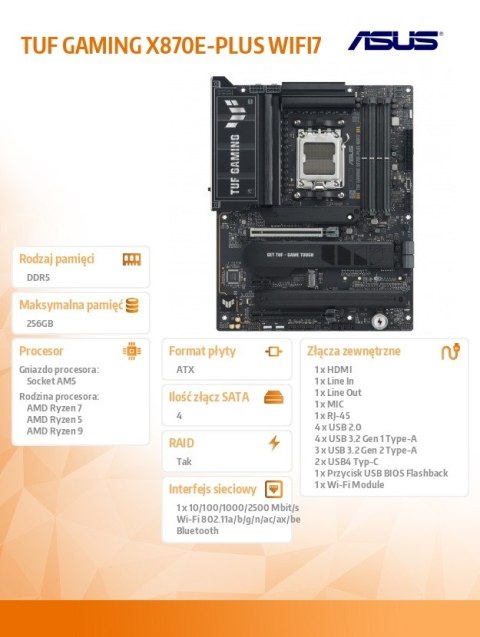 Płyta główna TUF GAMING X870E-PLUS WIFI AM5 4DDR5 HDMI/USB-C