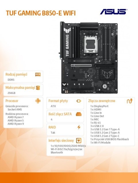 Płyta główna TUF GAMING B850-E WIFI AM5 4DDR5 DP/HDMI