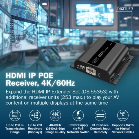 Przedłużacz (extender) po skrętce kat.6 HDMI 4K/60Hz przez IP 1G lub do 120m/200m z PoE - dodatkowy odbiornik do DS-55353