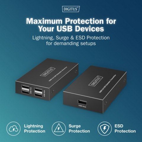 Przedłużacz (extender) po skrętce kat.6 USB 2.0 do 150m, 4x USB-A do 480 Mbps, 1x RJ45 (Gigabit Ethernet) - zestaw (odbiornik/na