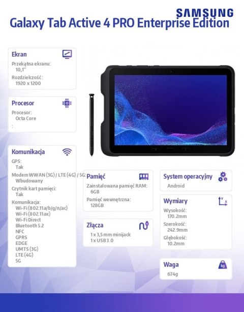 Tablet Galaxy Tab Active 4 PRO 5G 10.1 cali 6/128GB Enterprise Edition Czarny
