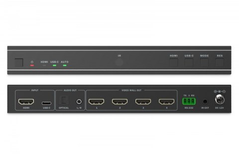 Kontroler ściany wideo 1xHDMI/USB-C (DP 1.2a) do 4xHDMI 4K/30Hz, USB-C, Audio 3.5mm, S/PDIF, RS232, sterowanie IR, 8 formatów wy