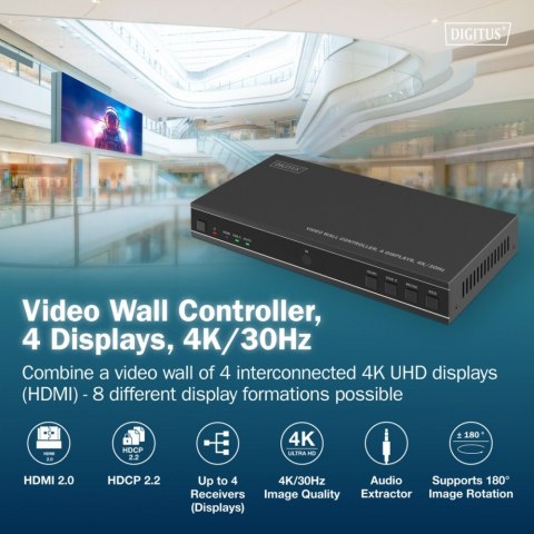 Kontroler ściany wideo 1xHDMI/USB-C (DP 1.2a) do 4xHDMI 4K/30Hz, USB-C, Audio 3.5mm, S/PDIF, RS232, sterowanie IR, 8 formatów wy