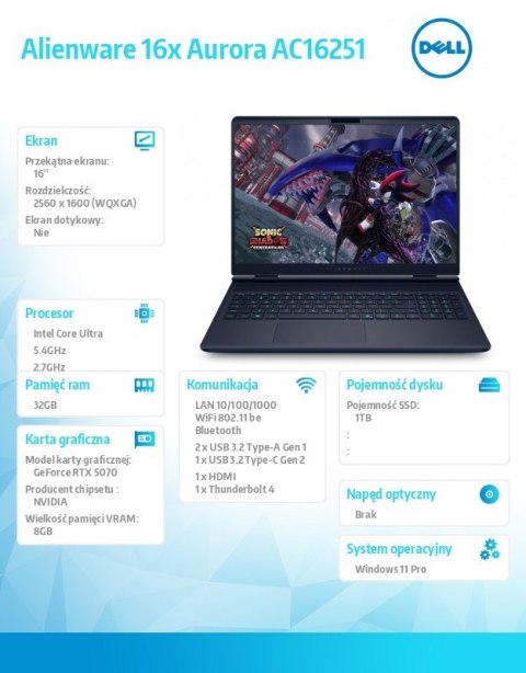 Laptop Alienware 16x Aurora AC16251 Win11Pro C9 275HX/32GB/1TB/16.0 WQXGA/GeForce RTX 5070/WLAN + BT/RGB Backlit Kb/6 Cell/280W/