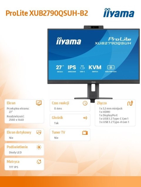 Monitor 27 cali XUB2790QSUH-B2 IPS,QHD,CAM,MIC,HDMI,DP,3xUSB(3.2), 100Hz,ADAPTIVE SYNC,FlickerFree,2x2W,WINDOWS HELLO