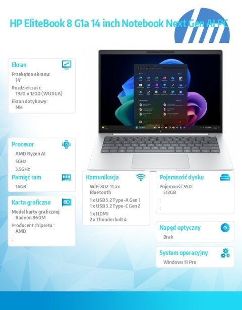 Notebook EliteBook 8 G1a Ryzen AI 7 PRO 350 512GB/16GB/W11P/14.0 C51FZET