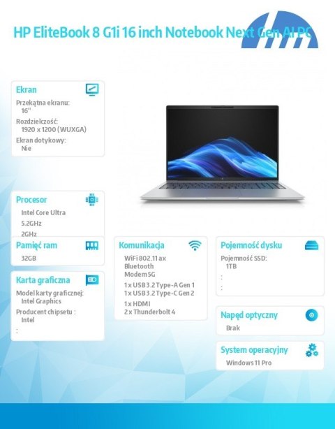 Notebook EliteBook 8 G1i U7-255U 1TB/32GB/W11P/16.0 C51M7ET
