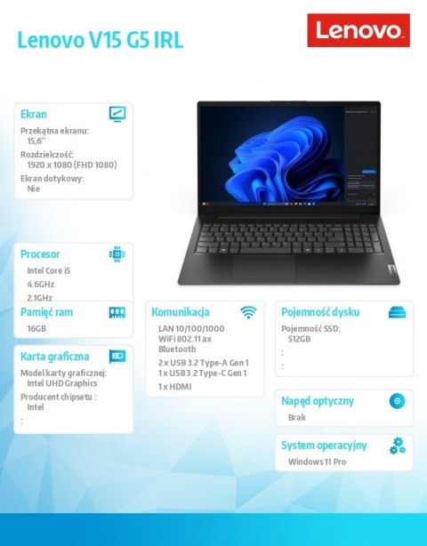 Notebook V15 G5 83GW009APB W11Pro i5-13420H/16GB/512GB/INT/15.6 FHF/Business Black/3YRS OS