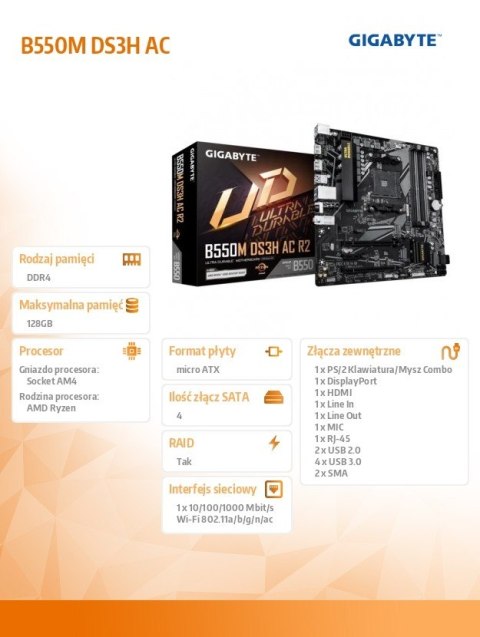 Płyta główna B550M DS3H AC R2 AM4 4DDR4 HDMI/DVI mATX
