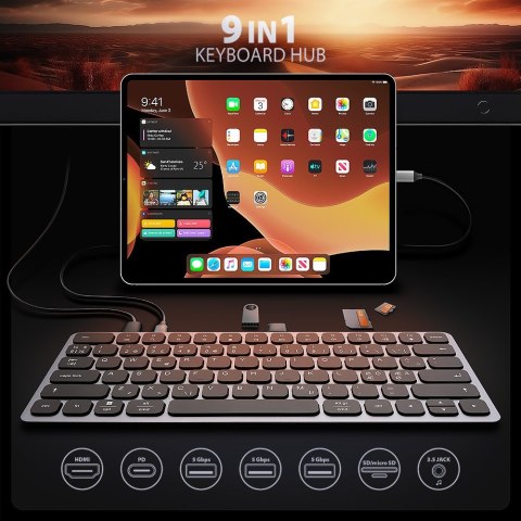 Klawiatura HMC-KB-NRD USB-C 5Gbps z wieloportowy hub 9in1, SD/microSD, 3x USB-A, HDMI 4K/60Hz, PD 100W, Audio, Nordic layout, 60