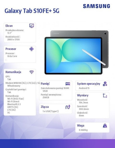 Tablet Galaxy Tab S10FE+ 13.1 cala 5G 12/256GB szary