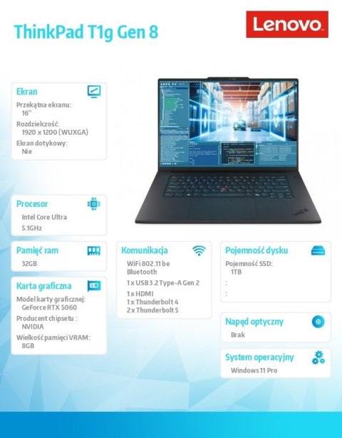 Ultrabook ThinkPad T1G G8 21TD0002PB W11Pro Ultra 7 255H/32GB/1TB/RTX 5080 8GB/16.0 WUXGA/Black/3YR Premier NBD + 3YRS Ci + CO 