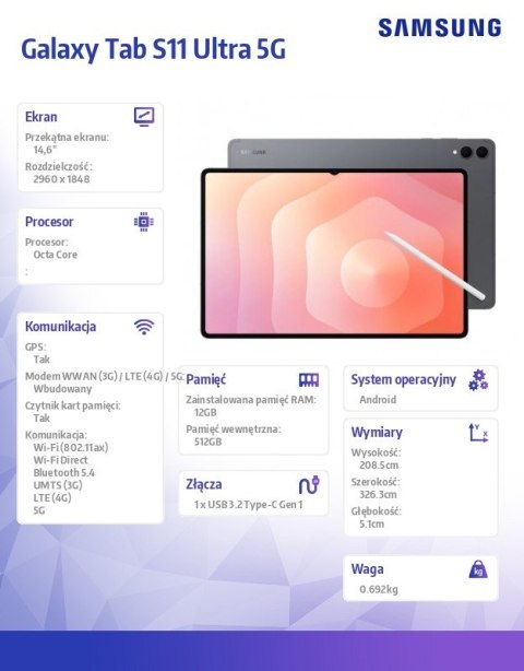 Tablet Galaxy Tab S11 Ultra X936 5G 14.6 cala 12/512GB szary