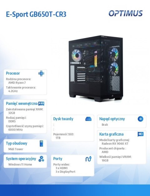 Komputer E-Sport GB650T-CR3 R7-7800X3D/32GB/1TB/RX 9060 XT 16G/W11