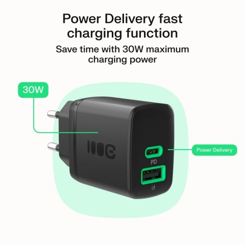 Ładowarka sieciowa 30W 1xUSB-C 1xUSB-A czarna