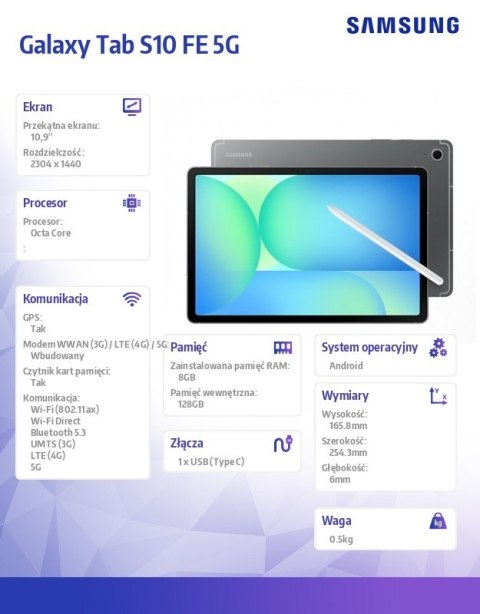 Tablet Galaxy Tab S10 FE X526 10.9 cala 5G 12/256GB szary