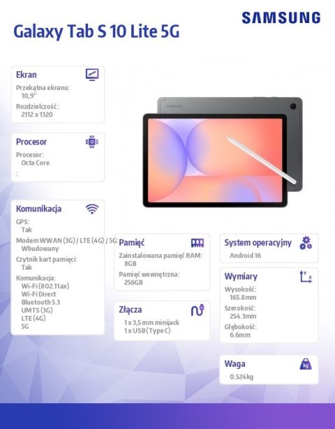 Tablet Galaxy Tab S10 Lite X406 10.9 cala 5G 8/256GB szary