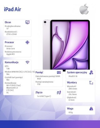 IPad Air 13 cali WiFi + Cellular 1TB Fioletowy