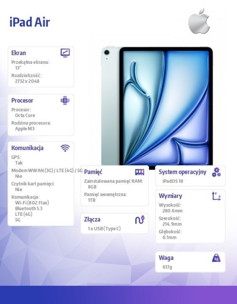 IPad Air 13 cali WiFi + Cellular 1TB Niebieski