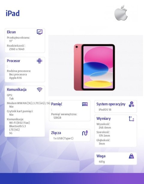 IPad WiFi + Cellular 11 cali 128 GB Różowy
