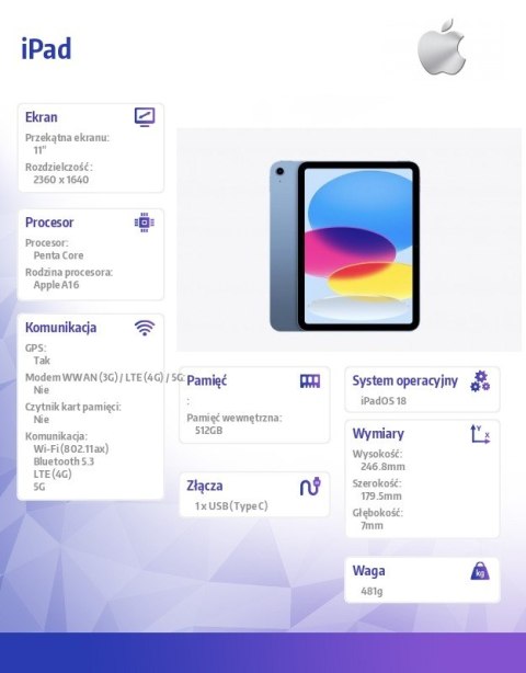 IPad WiFi + Cellular 11 cali 512 GB Niebieski