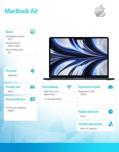Mabook Air 13.6 M4/10C/10C /16GB/512GB/70W Północ