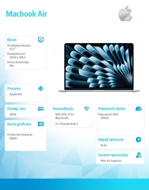 MacBook Air 15.3 cala: M4 10/10, 16GB, 256GB - Błękitny
