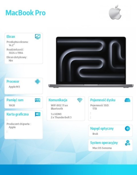 MacBook Pro 14.2: M3 8/10, 16GB, 1TB SSD - Gwiezdna szarość