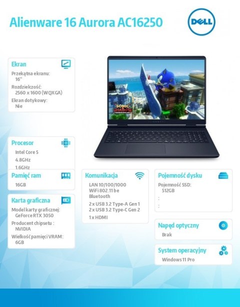 Laptop Alienware 16 Aurora AC16250 Win11Pro C5 210H/16GB/512GB SSD/16.0 WQXGA/GeForce RTX 3050/WLAN + BT/Backlit Kb/3 Cell /3Y A