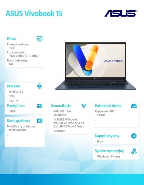 Notebook X1504VA-BQ2932W ultra 5 120U 16GB/512GB