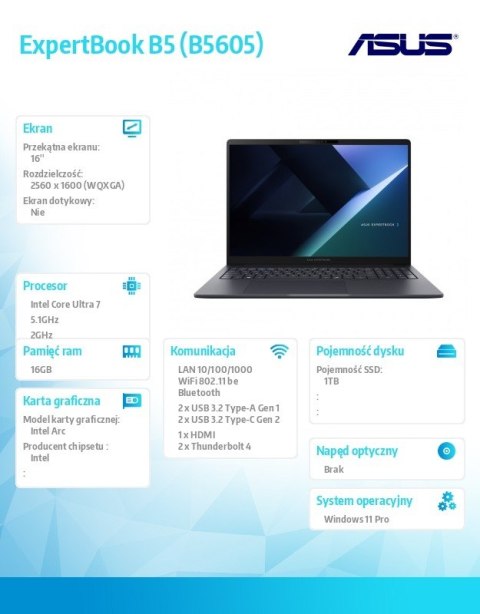 Notebook ExpertBook B5 B5605CCA-PL0061X - ultra 7 255H/16GB/1TB/16 WQXGA/Win 11 PRO/3YRS