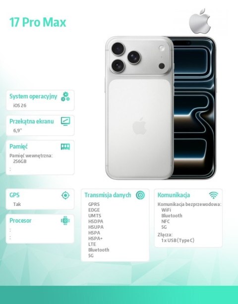 IPhone 17 PRO MAX Srebrny 256GB