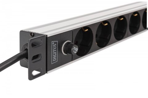 Listwa zasilająca PDU Rack 19" z bezpiecznikiem przeciążeniowym, 9 gniazd Schuko CEE 7/3 (45°), kabel 2m wtyk IEC C14, 10A, alum