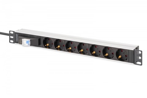 Listwa zasilająca PDU Rack 19" z wyłącznikiem nadprądowym Typ C 16A, 7 gniazd Schuko CEE 7/3 (45°), kabel 1,8m wtyk Unischuko CE