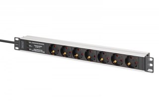 Listwa zasilająca PDU Rack 19" z zabezpieczeniem przeciwprzepięciowym + filtr EMI/RFI, 7 gniazd Schuko CEE 7/3, kabel 2m, wtyk U