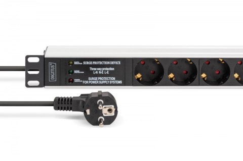 Listwa zasilająca PDU Rack 19" z zabezpieczeniem przeciwprzepięciowym + filtr EMI/RFI, 7 gniazd Schuko CEE 7/3, kabel 2m, wtyk U