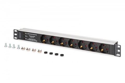 Listwa zasilająca PDU Rack 19" z zabezpieczeniem przeciwprzepięciowym + filtr EMI/RFI, 7 gniazd Schuko CEE 7/3, kabel 2m, wtyk U