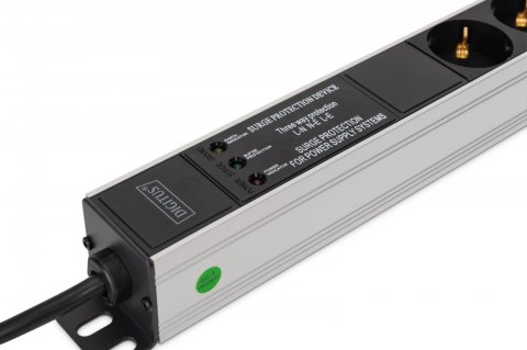 Listwa zasilająca PDU Rack (620mm) z zabezpieczeniem przeciwprzepięciowym + filtr EMI/RFI, 9 gniazd Schuko CEE 7/3 (45°), kabel 