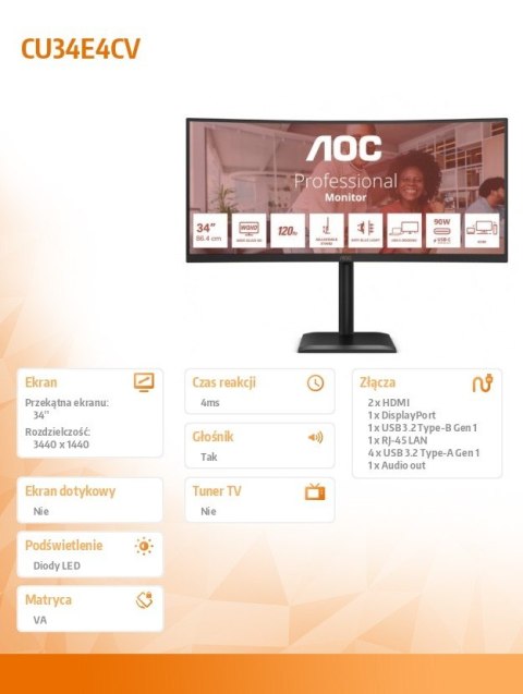 Monitor CU34E4CV 34 cale 120Hz Curved VA HDMIx2 DP RJ45 HAS Głośniki