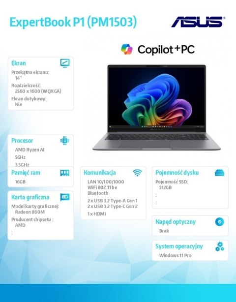 Notebook ExpertBook P3 PM3406CKA-NZ0142X -Ryzen Al 7 350/Radeon 860M/16GB/1TB/14 WQXGA/Win 11PRO/3YRS