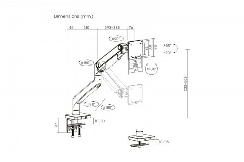 Ramię biurkowe pojedyncze z zaciskiem i sprężyną mechaniczną 1x LCD max. 49" 20kg, VESA: 75x75, 100x100, czarne