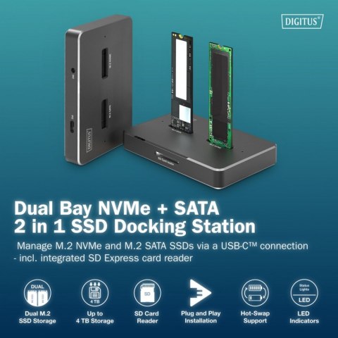 Stacja dokująca USB-C 3.2 Gen2 dla dysków SSD M.2 Duo NVMe oraz SATA (max. 2x 4 TB) z czytnikiem kart SD-Express 7.1 (max. 2 TB)
